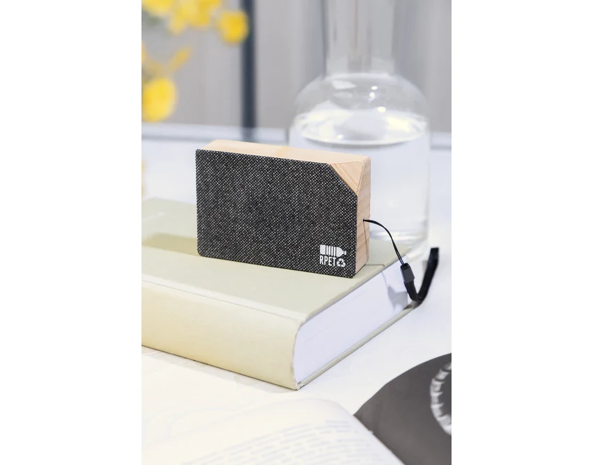 Solarny głośnik bambusowy czarny z logo – RPET, Bluetooth