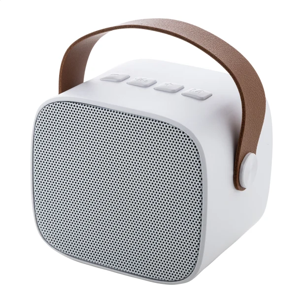 Biały głośnik bluetooth z logo, skóra PU, 1200 mAh, ABS eco
