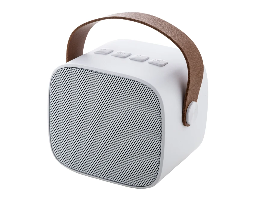 Biały głośnik bluetooth z logo, skóra PU, 1200 mAh, ABS eco