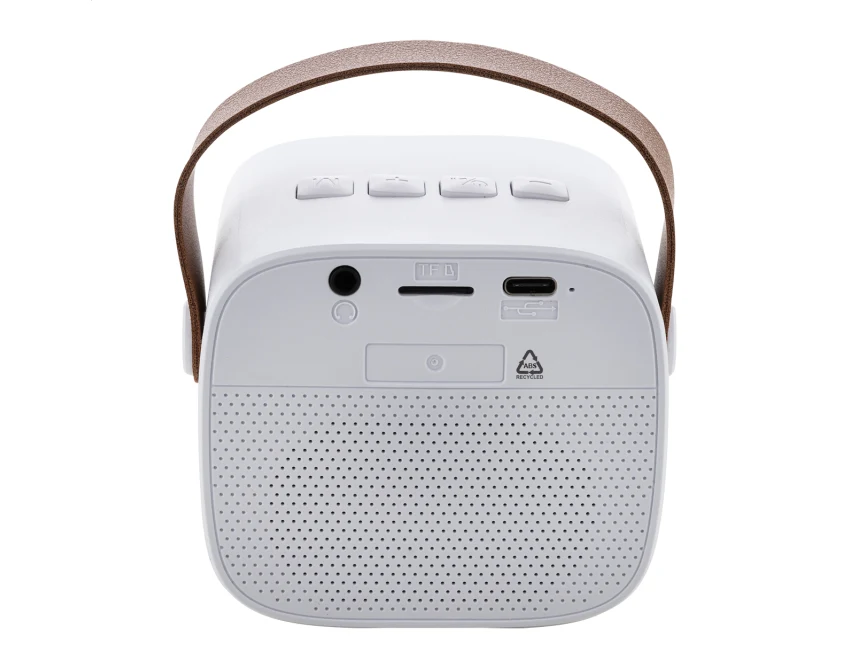 Biały głośnik bluetooth z logo, skóra PU, 1200 mAh, ABS eco