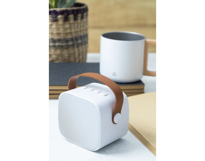 Biały głośnik bluetooth z logo, skóra PU, 1200 mAh, ABS eco