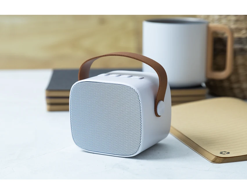 Biały głośnik bluetooth z logo, skóra PU, 1200 mAh, ABS eco
