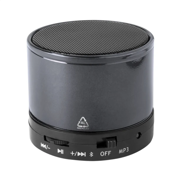 Czarny głośnik bluetooth z logo z recyklingowanego aluminium