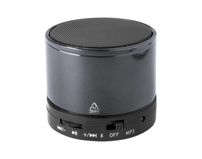 Czarny głośnik bluetooth z logo z recyklingowanego aluminium