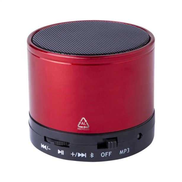 Czerwony głośnik Bluetooth eco z logo – aluminium z recyklingu