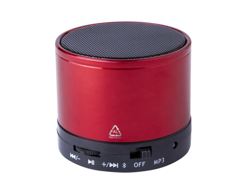 Czerwony głośnik Bluetooth eco z logo – aluminium z recyklingu