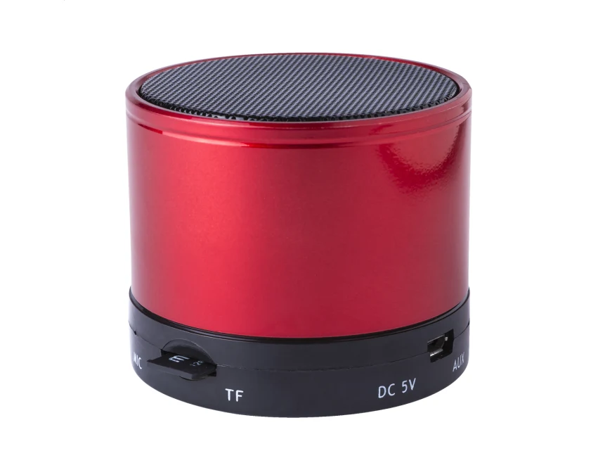 Czerwony głośnik Bluetooth eco z logo – aluminium z recyklingu