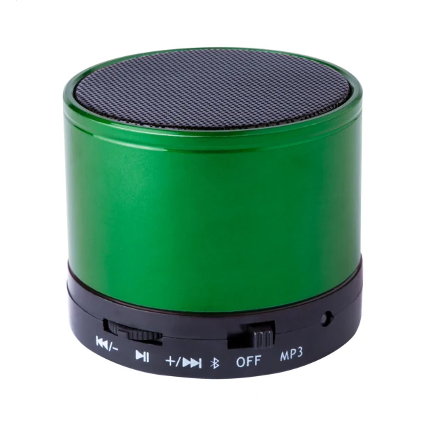 Zielony metalowy głośnik Bluetooth z logo i radiem FM