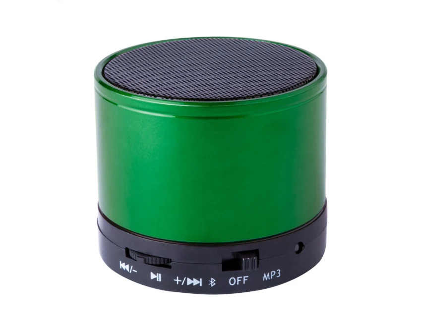 Zielony metalowy głośnik Bluetooth z logo i radiem FM