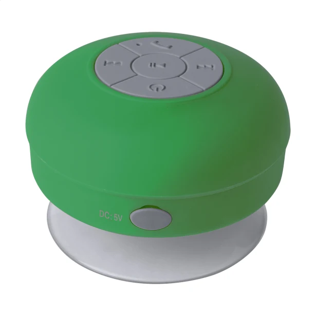Zielony głośnik bluetooth z logo firmy na przyssawce