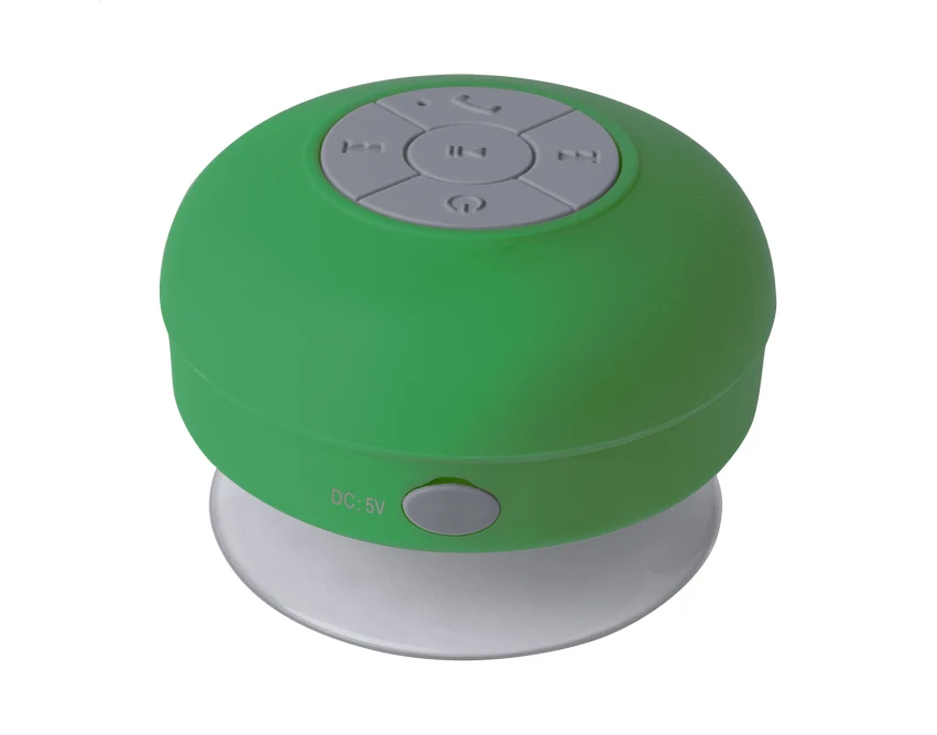 Zielony głośnik bluetooth z logo firmy na przyssawce