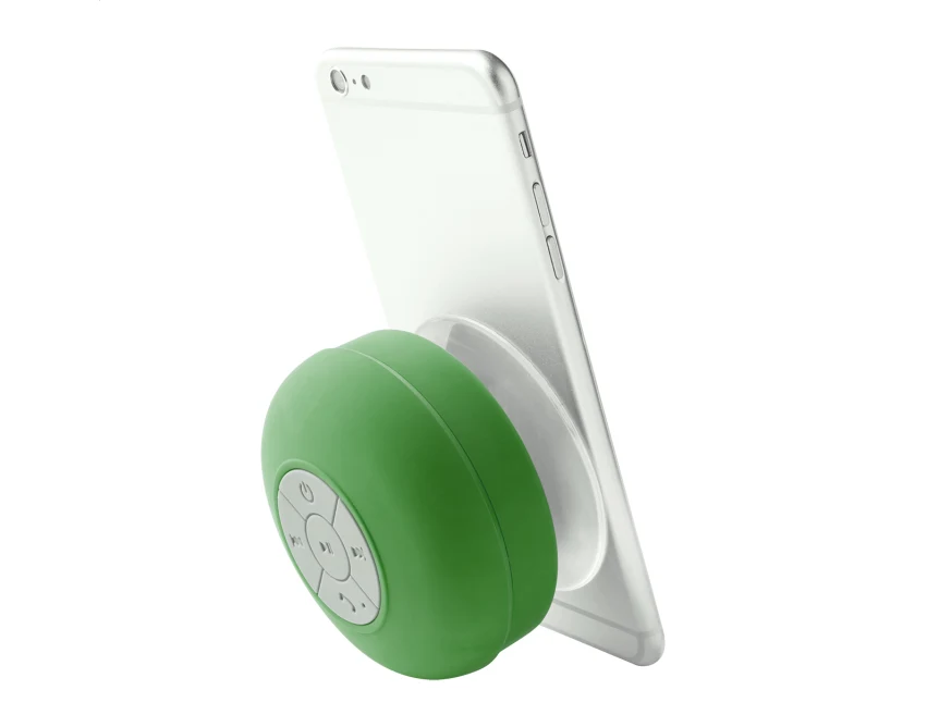 Zielony głośnik bluetooth z logo firmy na przyssawce
