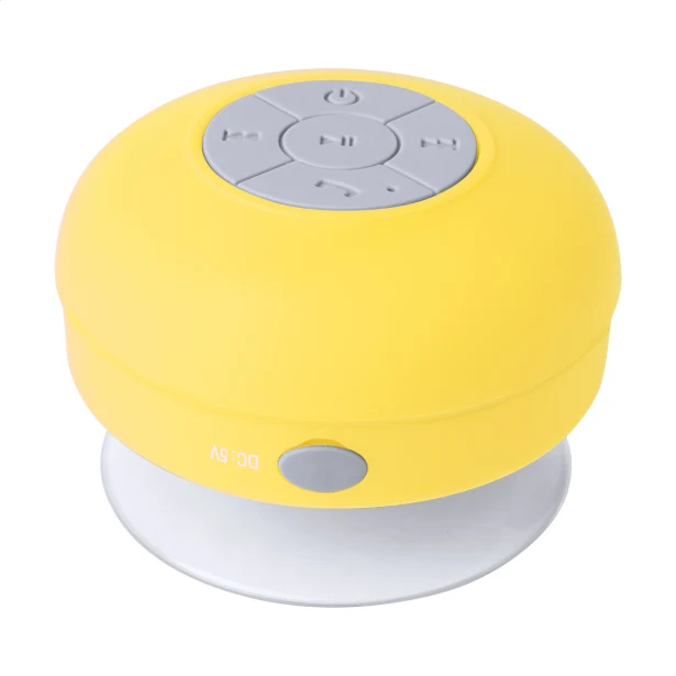 Żółty głośnik bluetooth z przyssawką i logo firmy