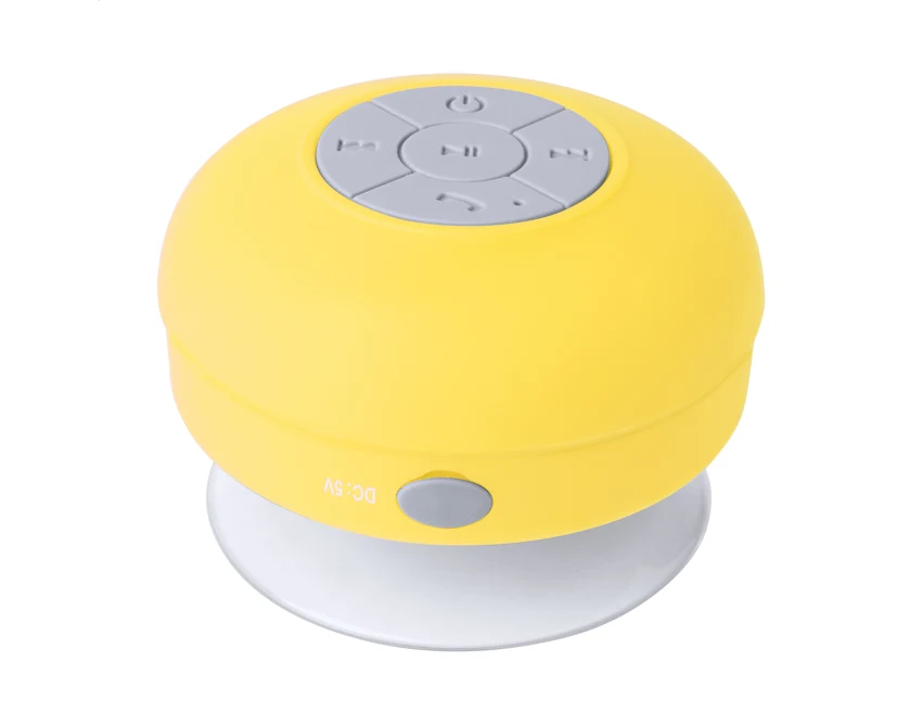 Żółty głośnik bluetooth z przyssawką i logo firmy