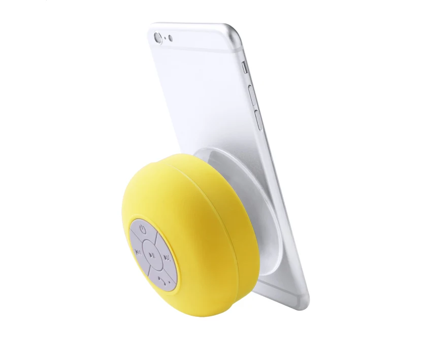 Żółty głośnik bluetooth z przyssawką i logo firmy