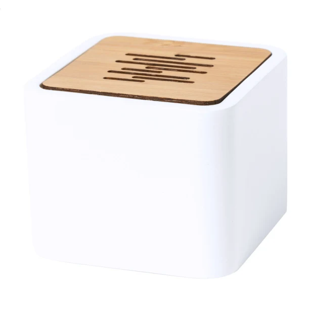 Biały bambusowy głośnik Bluetooth PLA z nadrukiem logo