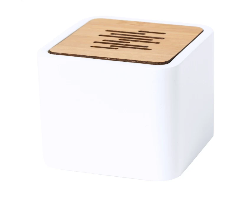 Biały bambusowy głośnik Bluetooth PLA z nadrukiem logo