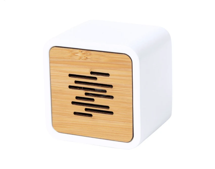 Biały bambusowy głośnik Bluetooth PLA z nadrukiem logo