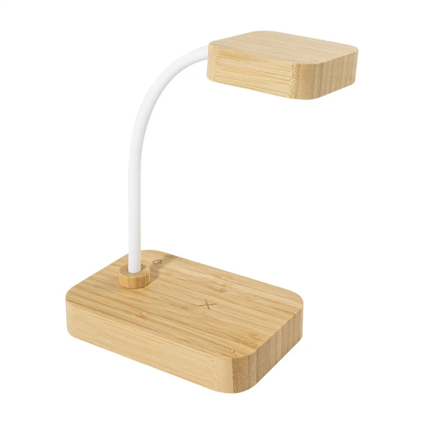 Bambusowa lampka biurkowa USB z ładowarką QI i logo