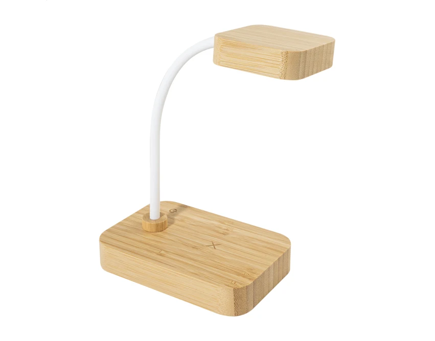 Bambusowa lampka biurkowa USB z ładowarką QI i logo