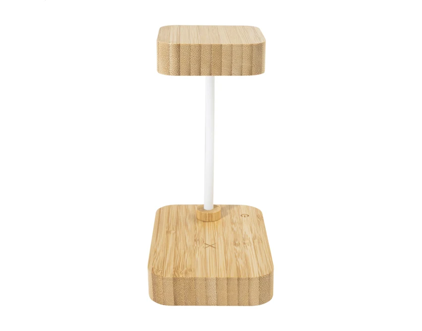 Bambusowa lampka biurkowa USB z ładowarką QI i logo