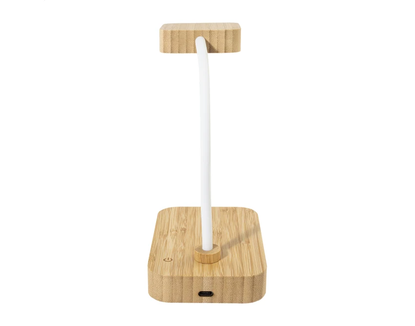 Bambusowa lampka biurkowa USB z ładowarką QI i logo