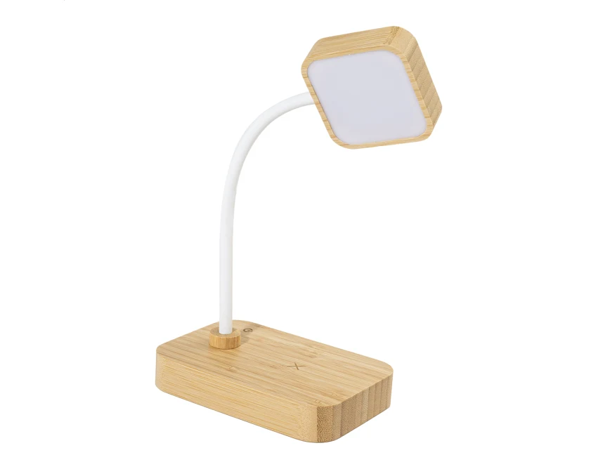 Bambusowa lampka biurkowa USB z ładowarką QI i logo