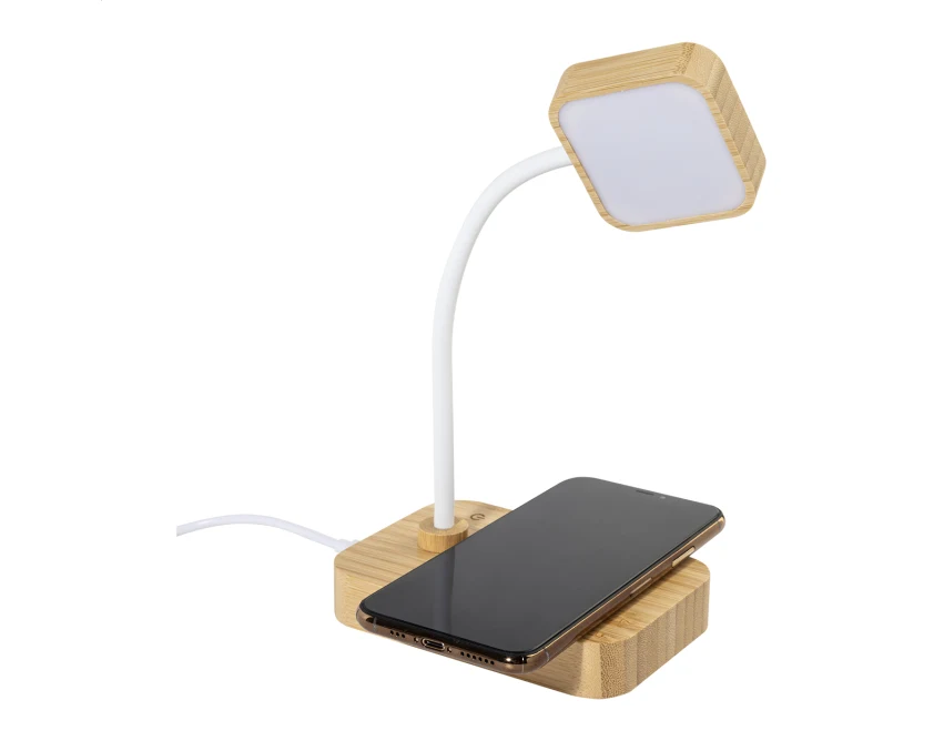 Bambusowa lampka biurkowa USB z ładowarką QI i logo