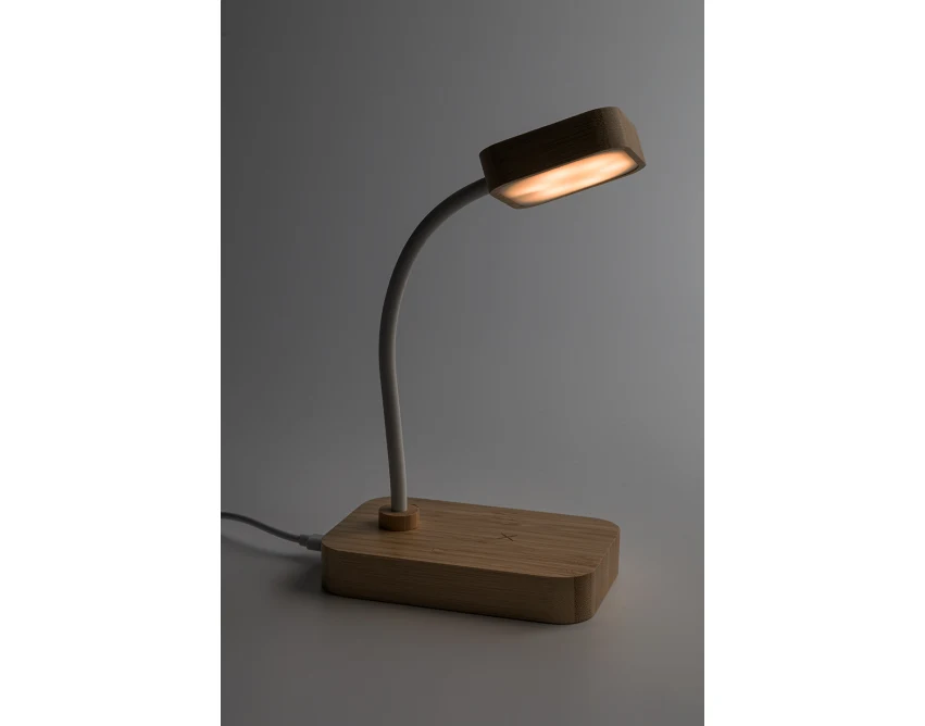 Bambusowa lampka biurkowa USB z ładowarką QI i logo