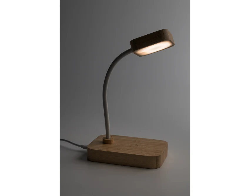 Bambusowa lampka biurkowa USB z ładowarką QI i logo