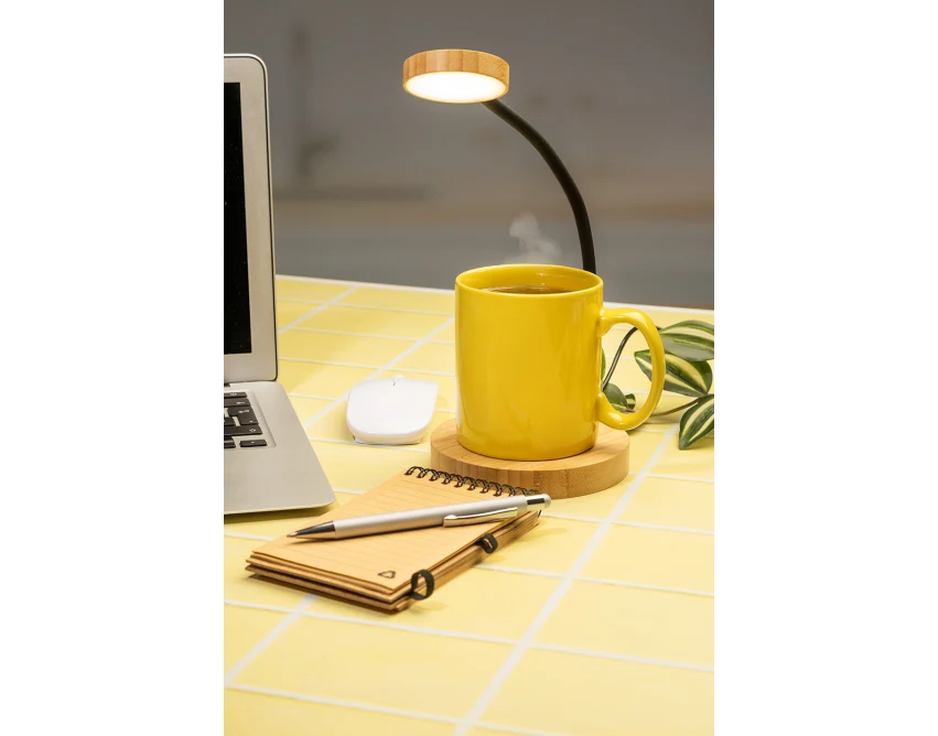 Bambusowa lampka USB z podgrzewaczem do kubków, z logo