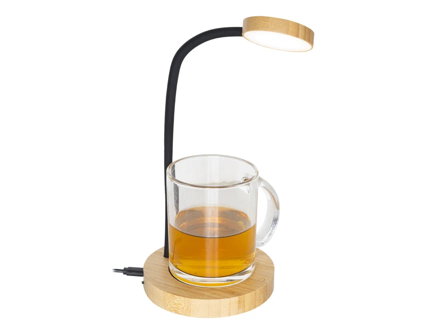 Bambusowa lampka USB z podgrzewaczem do kubków, z logo