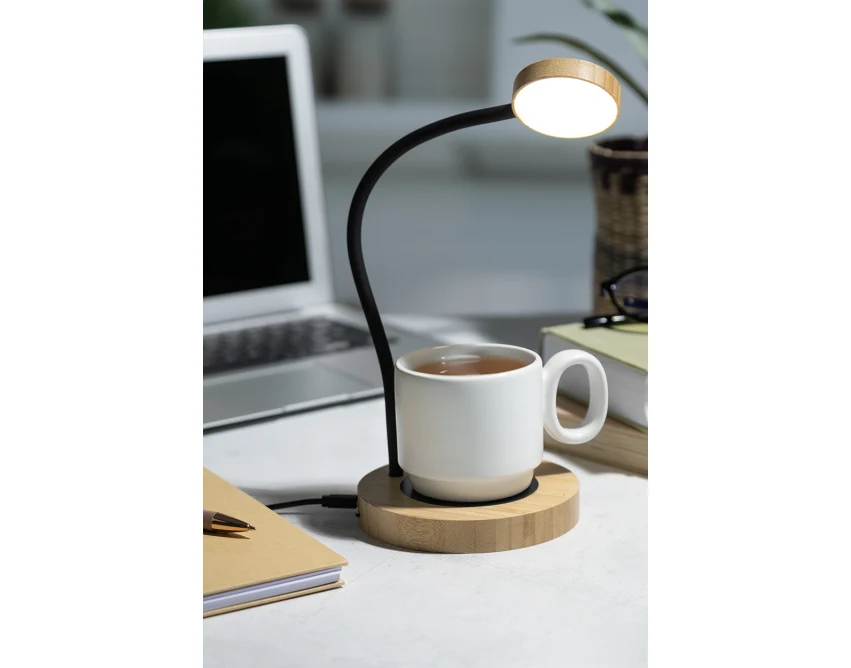 Bambusowa lampka USB z podgrzewaczem do kubków, z logo