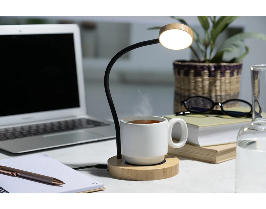 Bambusowa lampka USB z podgrzewaczem do kubków, z logo
