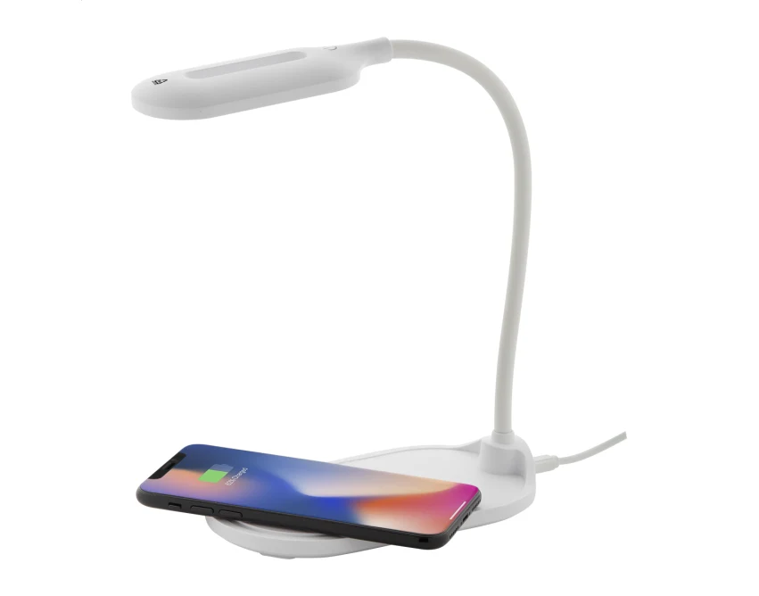 Biała lampka LED z recyklingu 15W i ładowarką Qi z logo