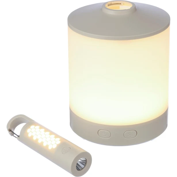 Biała lampka kempingowa RGB z logo – ABS, USB, karabińczyk