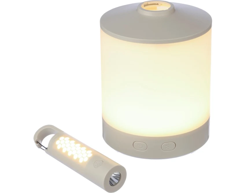 Biała lampka kempingowa RGB z logo – ABS, USB, karabińczyk
