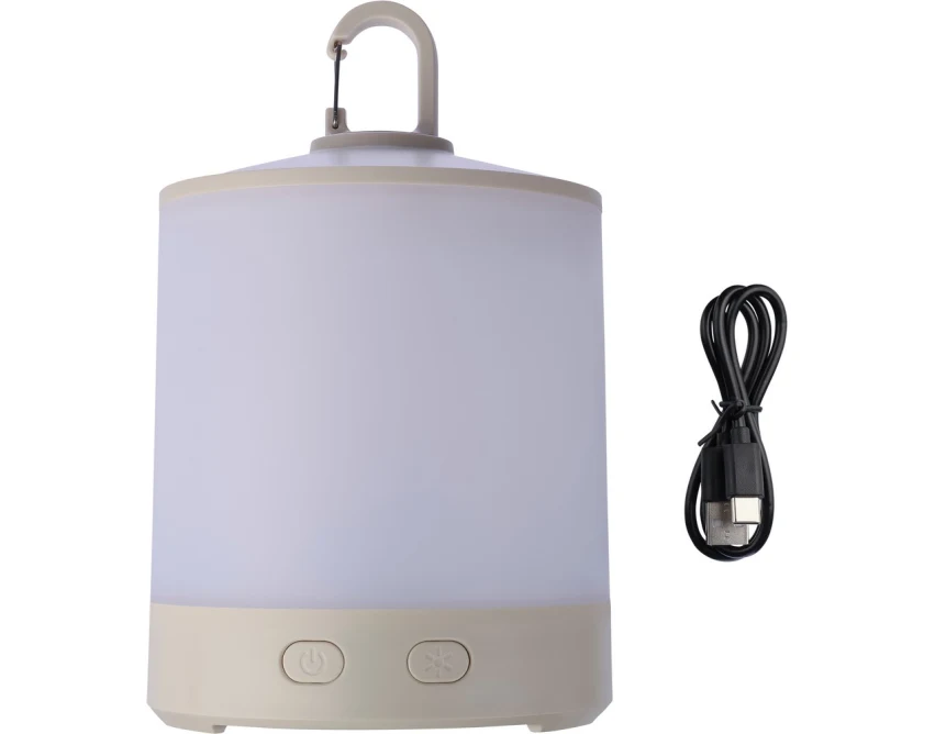 Biała lampka kempingowa RGB z logo – ABS, USB, karabińczyk