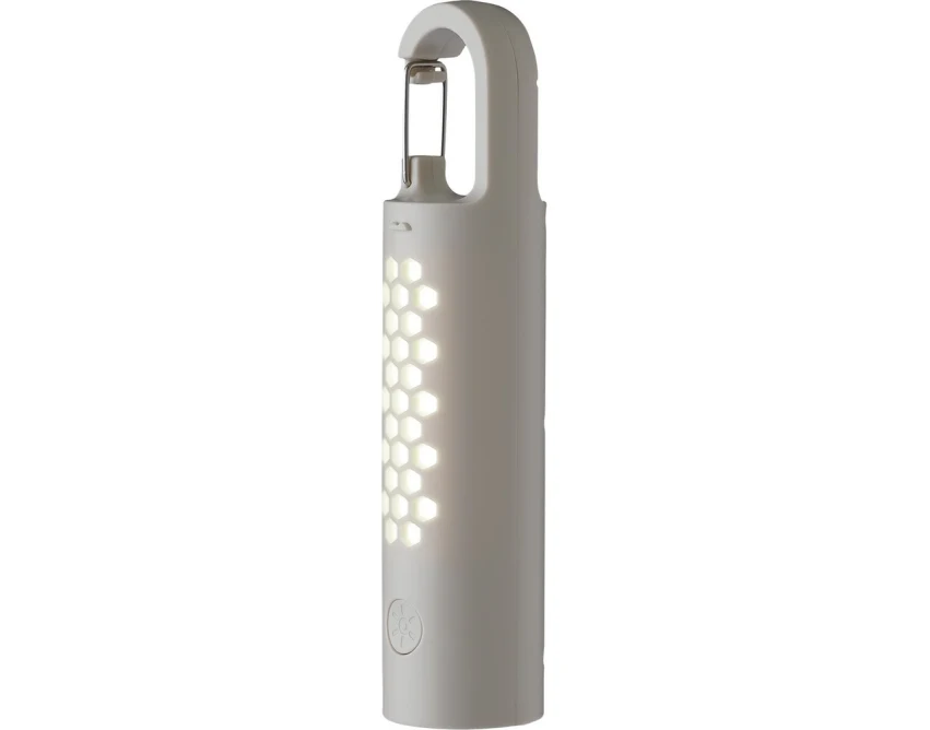 Biała lampka kempingowa RGB z logo – ABS, USB, karabińczyk