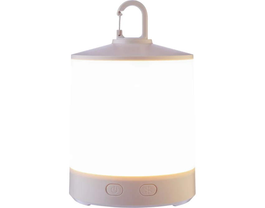 Biała lampka kempingowa RGB z logo – ABS, USB, karabińczyk