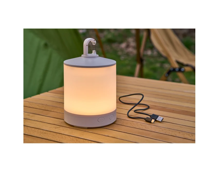 Biała lampka kempingowa RGB z logo – ABS, USB, karabińczyk