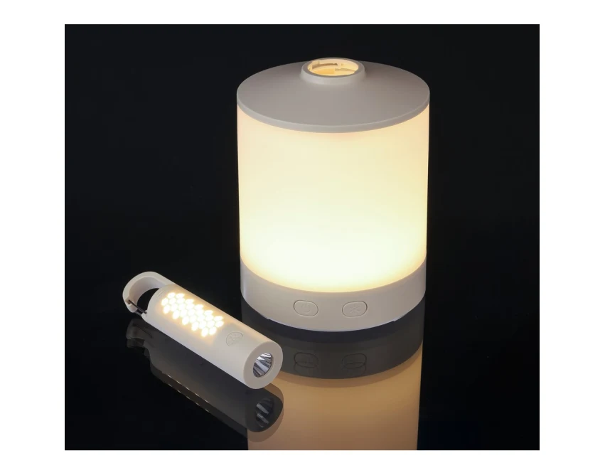 Biała lampka kempingowa RGB z logo – ABS, USB, karabińczyk