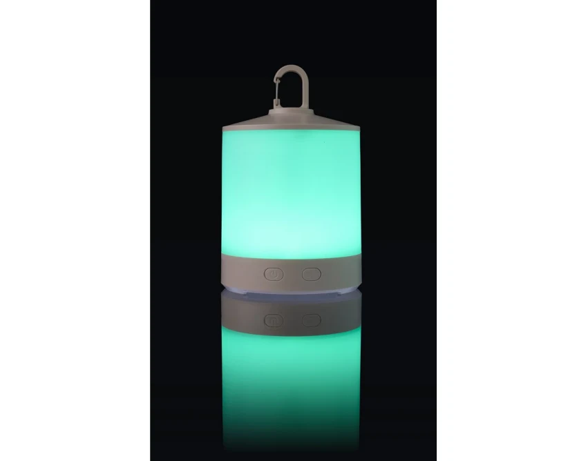 Biała lampka kempingowa RGB z logo – ABS, USB, karabińczyk