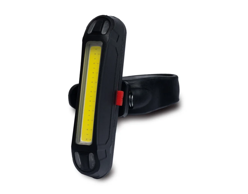 Czarna lampka rowerowa COB LED 100 lm USB z logo – gadżet reklamowy dla firm