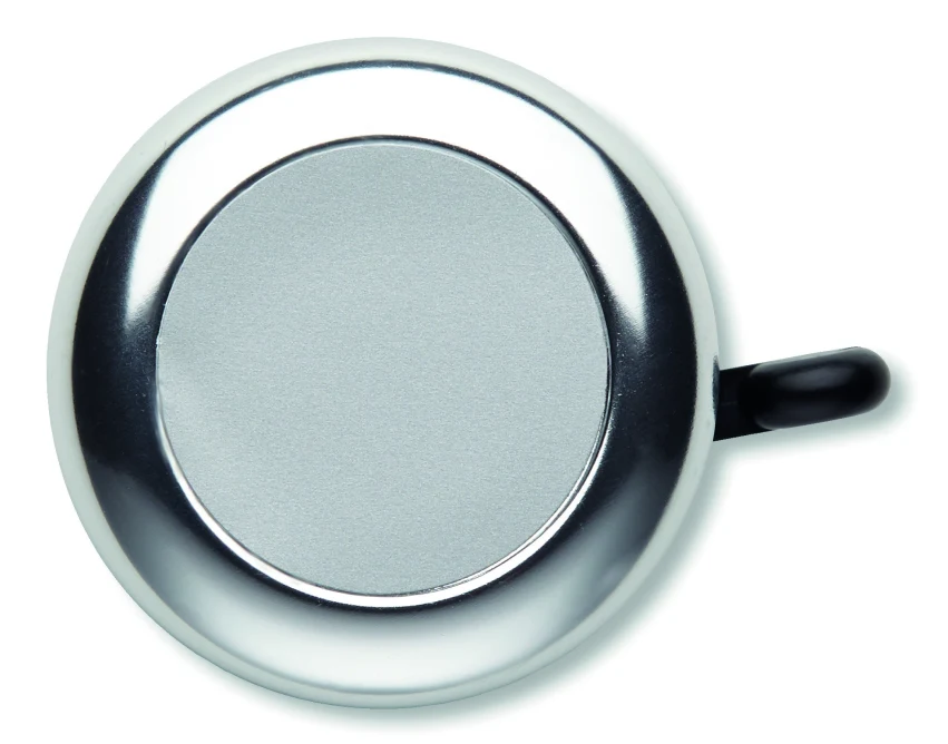 Srebrny błyszczący dzwonek rowerowy z logo firmy Ringring – gadżet reklamowy