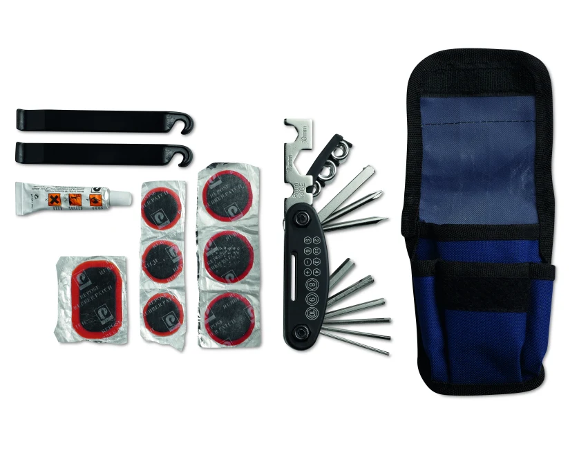 Niebieski 15-elementowy zestaw naprawczy do roweru Carbon Steel z logo firmy