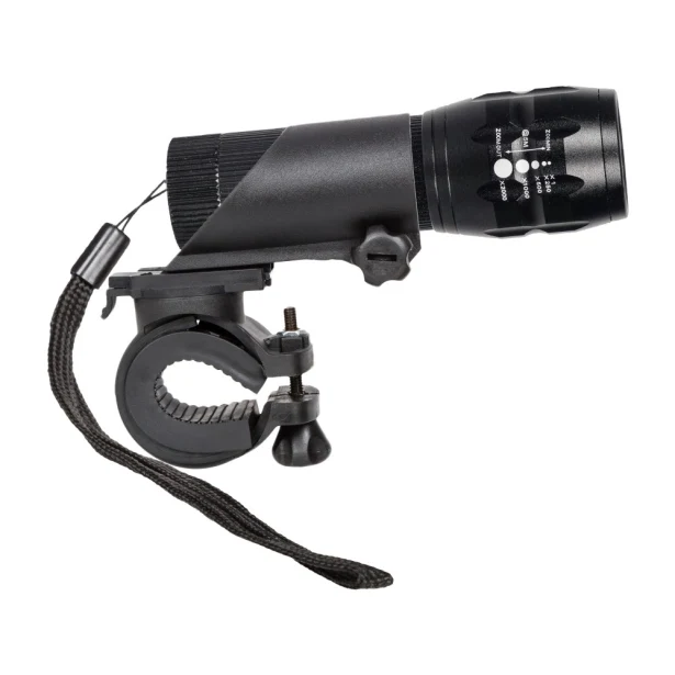 Czarna metalowa latarka CREE LED 280 lm z logo — gadżet reklamowy do roweru