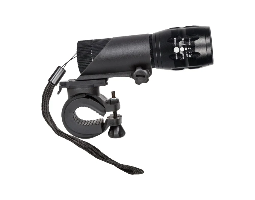 Czarna metalowa latarka CREE LED 280 lm z logo — gadżet reklamowy do roweru