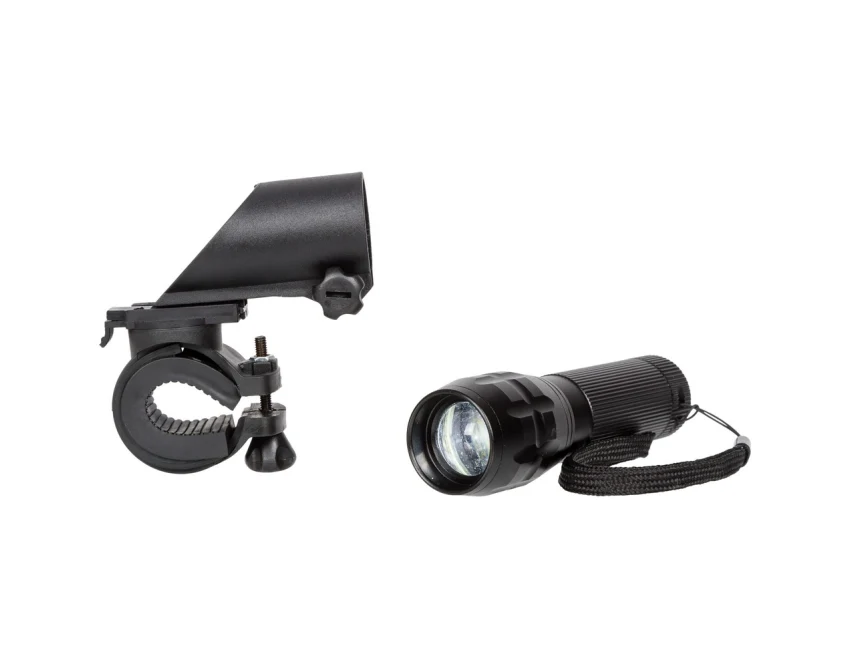 Czarna metalowa latarka CREE LED 280 lm z logo — gadżet reklamowy do roweru