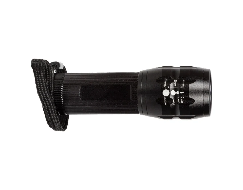 Czarna metalowa latarka CREE LED 280 lm z logo — gadżet reklamowy do roweru